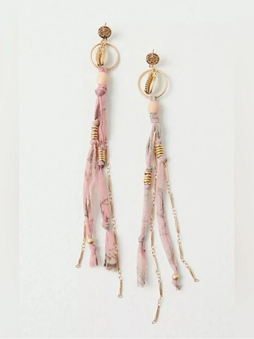 Free People Light Pink Gold Bridge Long Dangle Earrings Shell Fabric Boho
